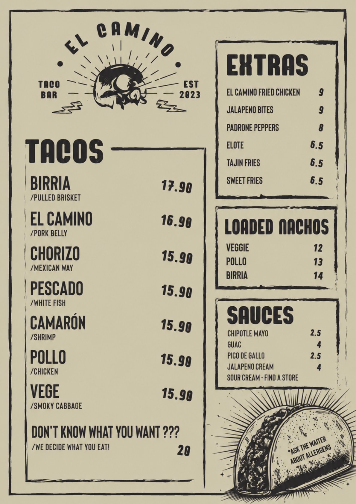 taco bar menue